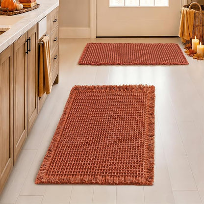 MIULEE Fall Orange Set of 2 Waffle Bathroom Rugs Boho Bath Mat 17x24 Inch | Non Slip, Super Absorbent, Washable, Ultra Soft, Rubber Backed, Small Bath Rugs for Bathroom Floor Tub Shower
