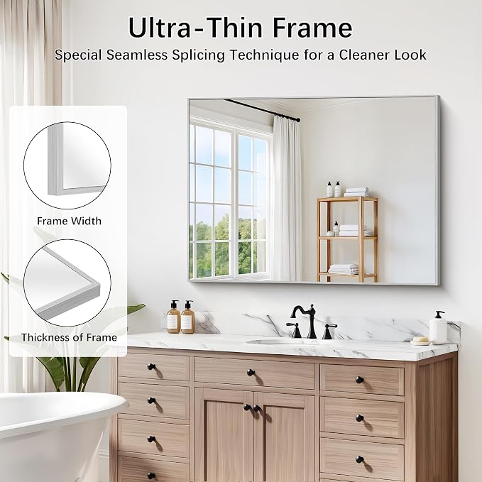 DESBING 30" x 40" Bathroom Mirror, Silver Metal Frame Wall Mirror | HD Image,Shatterproof Decorative Rectangular Vanity Mirror for Bedroom Bathroom Living Room Entryway Horizontal or Vertical