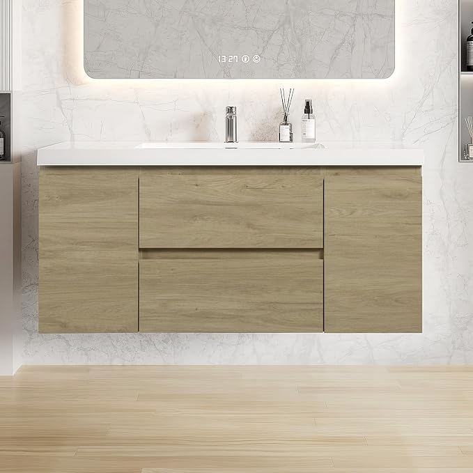 48 Inch Floating Bathroom Vanity with Sink, Large Storage Wall Mounted Floating Vanity with Soft Close Drawers, One-Piece Basin Bathroom Sink Cabinet (Natural Oak, 48")