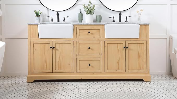 72" Pre-Assembled Bathroom Vanity with Sink, Solid Birch and MDF, Carrara White Marble Countertop Attached, Double Rectangle Porcelain Sink, 3 Soft-Close Drawers, Natural Wood