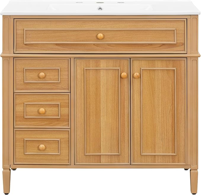 36" Modern Bathroom Vanity with Ceramic Sink, Tilt-Out Drawer & 2 Drawers, Solid Wood Frame Freestanding Storage Cabinet w/2 Soft-Close Doors & Adjustable Shelf, Rubberwood Handles, Wood