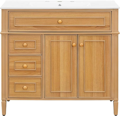 36" Modern Bathroom Vanity with Ceramic Sink, Tilt-Out Drawer & 2 Drawers, Solid Wood Frame Freestanding Storage Cabinet w/2 Soft-Close Doors & Adjustable Shelf, Rubberwood Handles, Wood