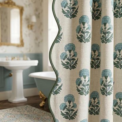 Boomkin Block Print Scalloped Shower Curtain Set with 12 Hooks | Blue and Green Shower Curtain Linen Textured Cottage Core Floral Bathroom Curtain for Vintage Farmhouse Bathroom 72 x 72 Inch