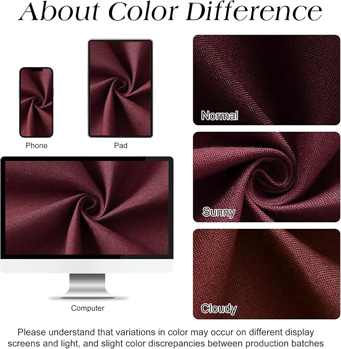 Burgundy Linen Shower Curtain, Country Boho Farmhouse Bath Decor Shower Curtains Neutral Cloth Weighted Textured Fabric Bath Curtain Liner with Hooks, 72x84