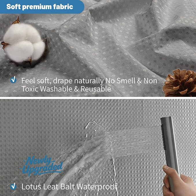 2-in-1 Waterproof Fabric Shower Curtain - No Separate Liner Needed, Hotel-Style Waffle Weave, Effortless Cleaning & Washable Bathroom Shower Curtain Set,72Wx90H,Grey