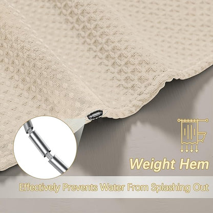 Beige Fabric Shower Curtain - Waffle Textured Heavy Duty Shower Curtains for Bathroom, 256GSM Hotel Spa Luxury Weighted Bath Curtain with 12 Hooks, 72x96, Beige