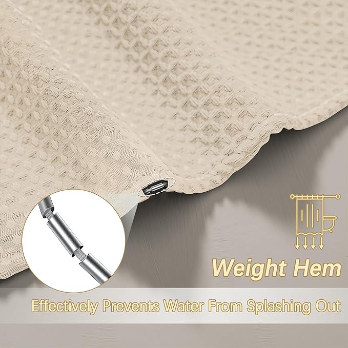 Beige Fabric Shower Curtain - Waffle Textured Heavy Duty Shower Curtains for Bathroom, 256GSM Hotel Spa Luxury Weighted Bath Curtain with 12 Hooks, 72x78, Beige
