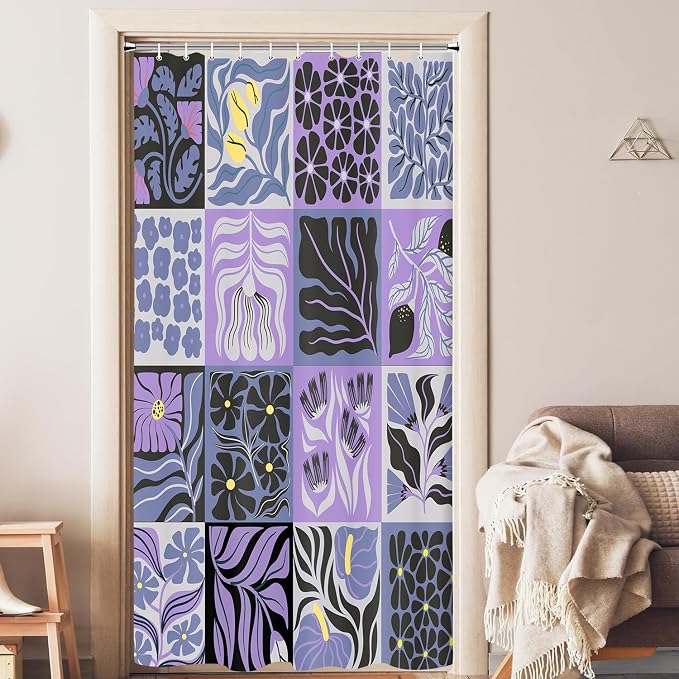 JAWO Retro Shower Curtain Vintage Abstract Boho Floral Shower Curtains for Bathroom Decor Purple Yellow Botanical Geometric Groovy Aesthetic Pattern Shower Curtain Sets with Hooks, 47X64IN