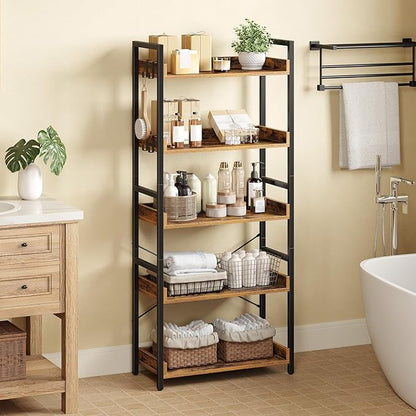 Rolanstar Bookshelf 5 Tier with 4 Hooks, Industrial Wood Bookcase, Vintage Storage Rack with Open Shelves, Rustic Standing Bookshelves Display Rack for Living Room, Bedroom, Rustic Brown