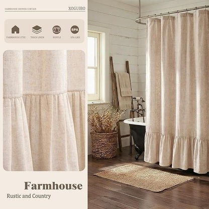 Farmhouse Shower Curtain Ruffle Linen Beige 72" W x 75" L | Linen Fabric, Farmhouse Boho, Bottom Ruffle, Rustic, Country, Natural Look, Washable, Shower Curtain for Bathroom Bathtub