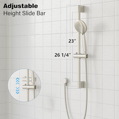 Gabrylly Shower System Brushed Nickel, Slide Bar Shower Faucet Set with High Pressure 10" Rain Head and 5-Setting Handheld Spray, 2 Way Pressure Balance Valve Trim Kit