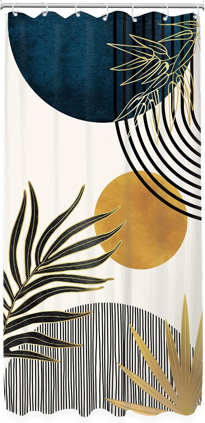 Stall Small Mid Century Blue Boho Abstract Bathroom Shower Curtain Set | 36Wx72L Plant design, waterproof HD print with fast-drying fabric and 12 hooks.