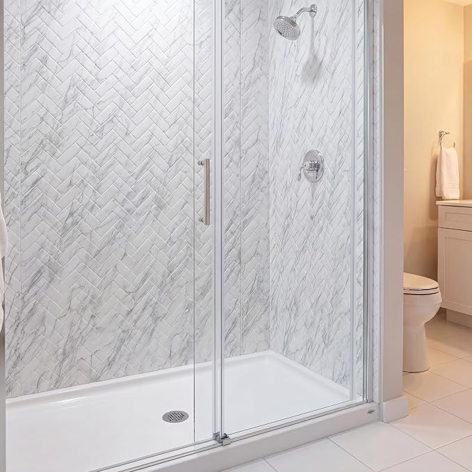 From Plain To Beautiful In Hours 133-640-HERR-KIT Herringbone Tile - Tub and Shower Wall Panels Surround (Covers/ 96 sq. ft.), Marble, 1 Piece