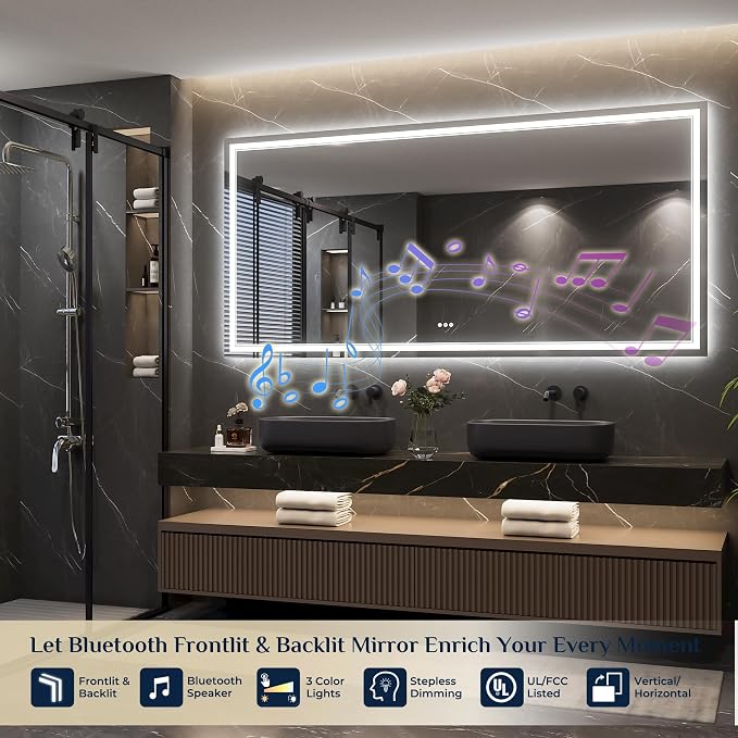 Keonjinn 84" x 40" LED Bathroom Mirror with Lights, Bluetooth Speaker | Frontlit & Backlit Bluetooth Mirror Bathroom, 3-Color Temperatures, Tempered Glass, Dimmable, Fast & Safe Defogging, CRI90+