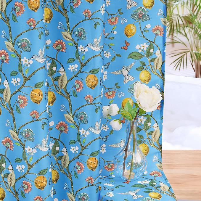 Blue Floral Bird Shower Curtain 72x72, Hummingbird and Lemon Botanical Fabric Bath Curtains, Lightweight Quick-Dry Bathroom Decor Set with Hooks