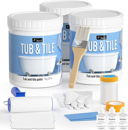 DWIL Tub Paint, Tub and Tile Refinishing Kit with Tools, Tile Refinishing Kit White Bathtub Paint Water Based &Low Odor, Easy to Use Sink for Bathroom Kitchen, Semi-Gloss White, 50-55sq.ft-3 Pack