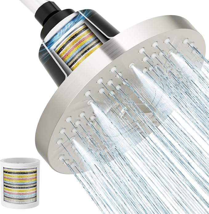 SR SUN RISE Filtered Shower Head with Filters, 20-Stage Shower Head Filter for Hard Water, High Pressure Showerhead with Easy-Replace Cartridge to Remove Chlorine (7-Inch, Brushed Nickel)