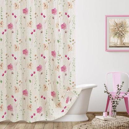 Pink Green Linen Watercolor Floral Fabric Shower Curtain, 72x72 | Linen Fabric, Modern Minimalist Floral Print, Machine Washable, Rustproof Grommets, for Bathroom Home