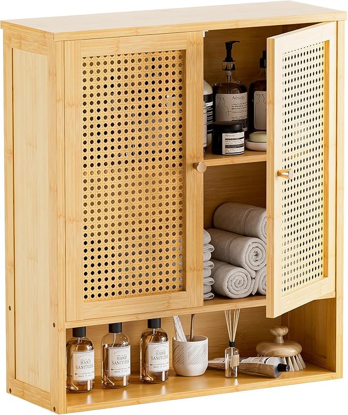 HITNET Rattan Hanging Bathroom Cabinet, Wall Mounted Bamboo Bathroom Cabinet with Double Doors and Adjustable Shelves, Storage Over The Toilet for Kitchen, Living Room, Laundry Room, Natural