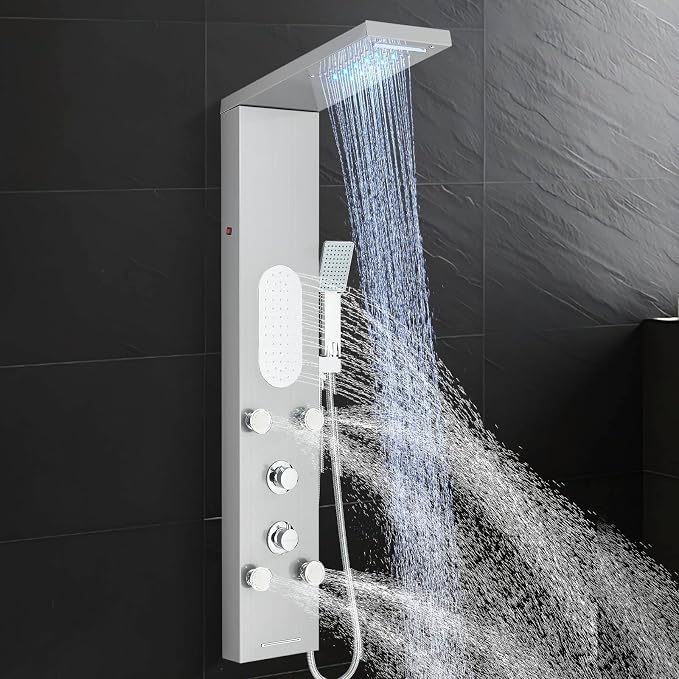 Luxury Shower Tower System with LED Shower Head, 5 Functions Shower Panel Tower System with 4 pcs Body Massage Jets,Stainless Steel Wall Mount Massage Shower Panel Tower System Brushed Nickel