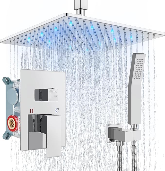 Aolemi Ceiling Shower Faucet Set with Handheld 12" LED Head Polish Chrome | Handheld Spray,12 Inch Rain LED Head,Shower Valve and Trim Kit,All Metal,Ceiling System,Bathroom Mixer