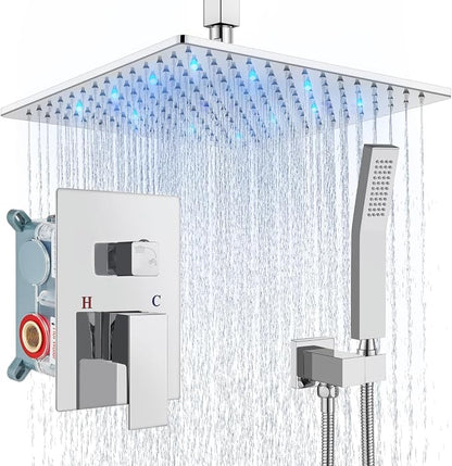 Aolemi Ceiling Shower Faucet Set with Handheld 12" LED Head Polish Chrome | Handheld Spray,12 Inch Rain LED Head,Shower Valve and Trim Kit,All Metal,Ceiling System,Bathroom Mixer