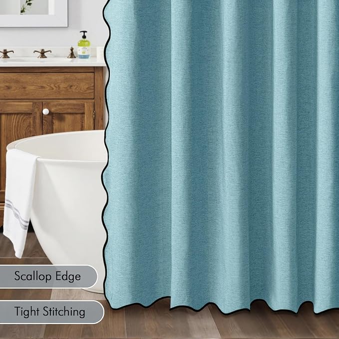 MIULEE 72"x84" Extra Long Scalloped Linen Shower Curtain Teal | Linen Textured, Waterproof, Washable, 12 Metal Hooks, Heavy Duty Cloth, Black Border, Shower Curtain for Bathroom Bathtub