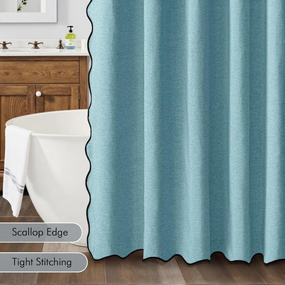 MIULEE Teal Scalloped Linen Shower Curtain 72x72 Inches | Linen Textured, Waterproof, Washable, 12 Metal Hooks, Heavy Duty Cloth, Black Border, Shower Curtain for Bathroom Bathtub