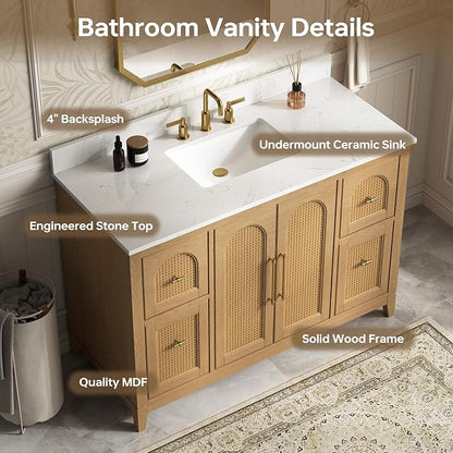 48 Inch Bathroom Vanity with Sink, Fully Assembled, Light Oak | Solid wood frame vanity with rattan details, gold hardware, 4 full-extension soft-close drawers, and adjustable feet