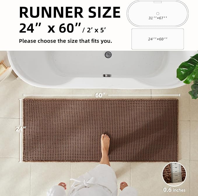 TYUU Waffle Runner Rug Bathroom, Long Boho Bath Mat, 60x24 Mocha | Super Absorbent Quick Dry Bath Rug, Non-Slip Backing, Soft Waffle Washable Farmhouse Bathroom Mats, Tub, Shower & Home Decor