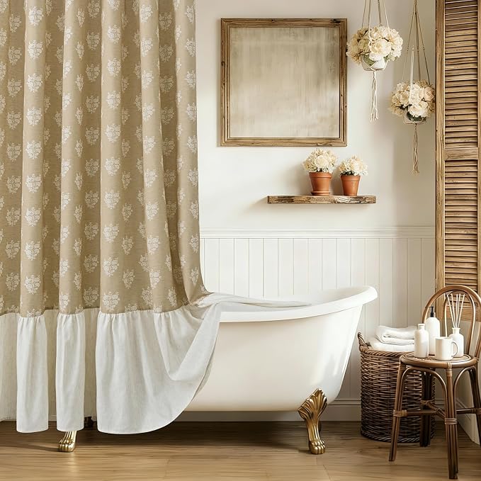 ORTIGIA Linen Textured Ruffle Shower Curtain with Metal Hooks, Brown Vintage Block Print Floral Boho Waterproof Bath Curtain for Rustic Farmhouse Bathroom Decor 72x72 Inch