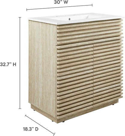 Modway Render Faux Travertine Slatted 30 Inch Bathroom Vanity in White with Sink Combo - Mid-Century Modern Single Sink Bathroom Vanity - Vanity Cabinet with Soft-Close Doors