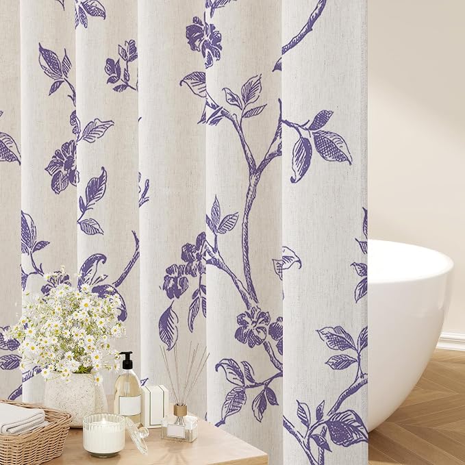 MitoVilla Purple Linen Floral Shower Curtain for Bathroom, 72 x 72 | Purple BoHo Cottagecore Spring Shower Curtains, Modern Farmhouse Country Plant Leaves Bathroom Décor, 72 x 72