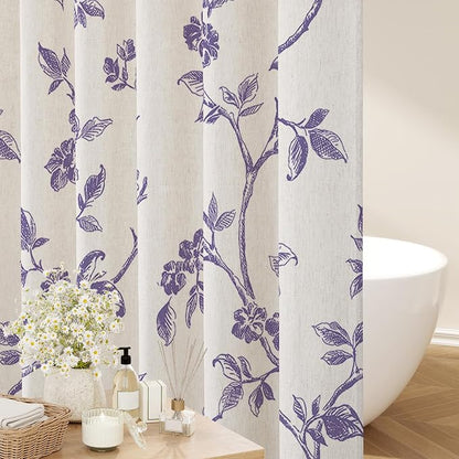 MitoVilla Extra Long Linen Floral Shower Curtain for Bathroom,72 x 84 | Extra Long BoHo Cottagecore Spring Shower Curtains, Modern Farmhouse Country Plant Leaves Bathroom Décor, 72 x 84