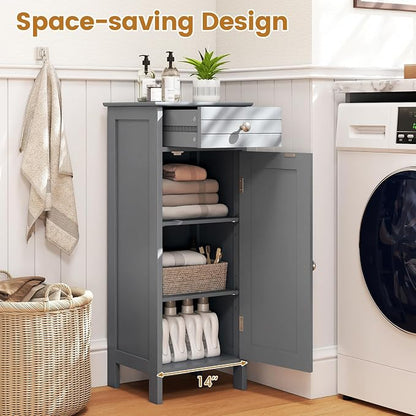 Giantex 34.5" Bathroom Cabinet with Drawer & Single Door (Grey) | Narrow Side Storage Organizer with 6 Shelf Positions, Freestanding Floor Storage Cabinet for Bathroom, Living Room, Entryway