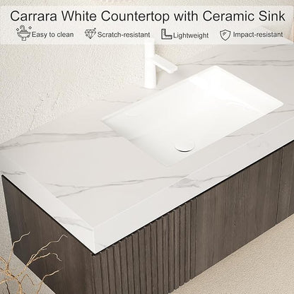 Ambrovina 48 inch Floating Bathroom Vanity with Sink, Plywood Storage Vanities with Drawer and 2 Doors, Carrara White Sintered Stone Top and Ceramic Basin, Pre-Assembled Cabinet, Espresso Woodgrain