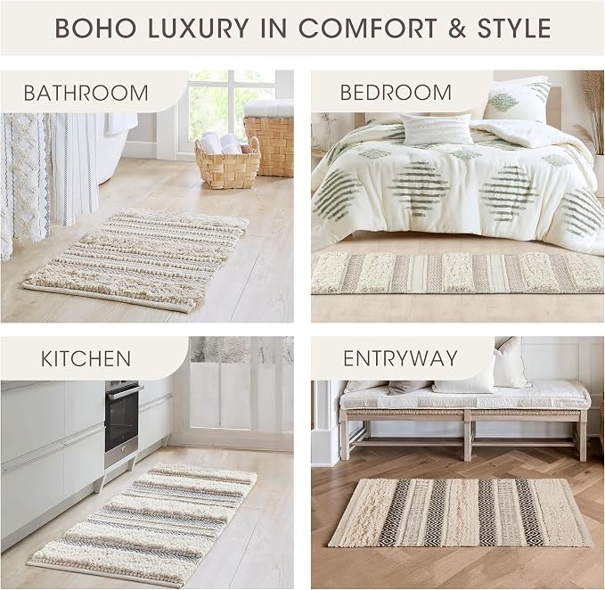 INK+IVY Asher Non-Slip Bath Rug Absorbent Quick Dry, 20 x 32, Black | Soft Pile, Machine Washable, Striped Pattern, Boho, OEKO-TEX Certified, Hand-Woven Texture, for Bathroom, Shower Room