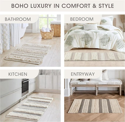 INK+IVY Asher Non-Slip Bath Rug Absorbent Quick Dry, 22 x 58, Black | Soft Pile, Machine Washable, Striped Pattern, Boho, OEKO-TEX Certified, Hand-Woven Texture, for Bathroom, Shower Room