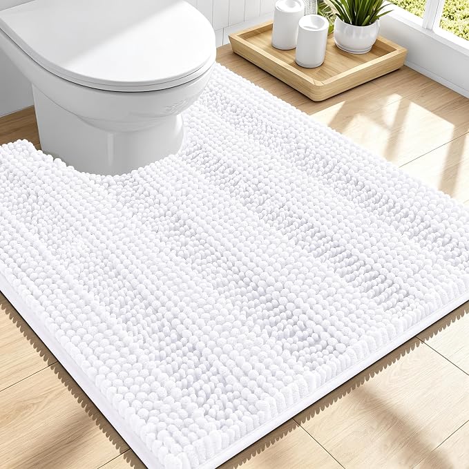 Smiry Thick Chenille Toilet Rugs U-Shaped 24x20, Absorbent Bath Mat, White | Soft Striped Contour Bathroom Rugs, Machine Washable, Dry Quickly, Non‑Slip, Modern Home Decor Accessories