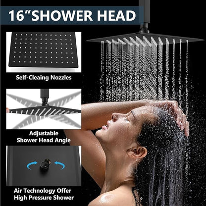 Aolemi Shower Faucet Set Ceiling Mount Shower System Rough-in Valve and Shower Trim Kit 2 in 1 Handheld Spray Push Button Diverter 16 and 6 Inch Dual Shower Head Matte Black