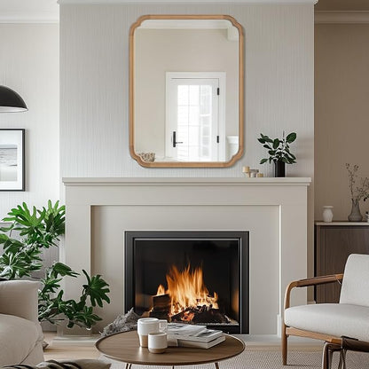 28" x 40" Rounded Corner Arch Wall Mirror with Wood Frame for Entryway, Living Room or Bedroom Home Decor - Light Woodgrain [28 x 40 inches, Honey-Colored]