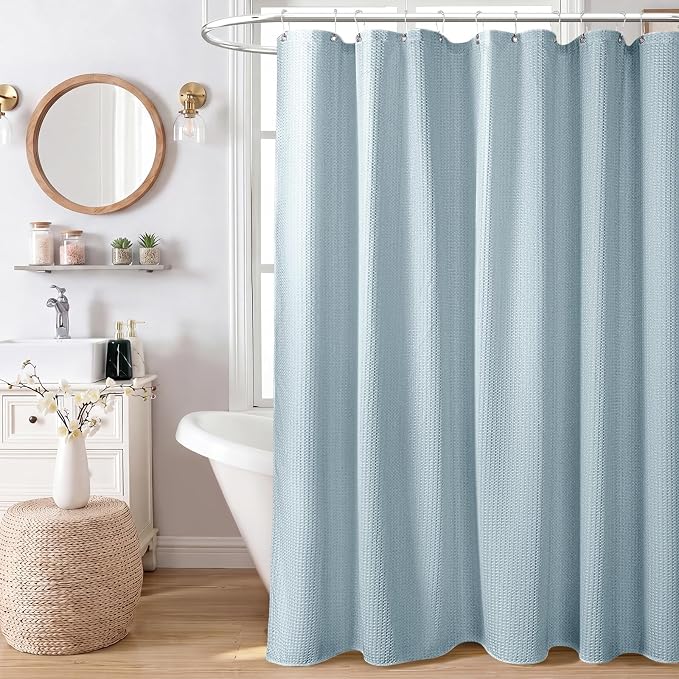 Stall Waffle Shower Curtain 256 GSM Heavy Fabric 54x78 Fog Blue | 54 x 78 Inch Long, Thick Cloth, Weighted Hem, Water Repellent, Hotel Luxury Polyester Shower Curtains for Bathroom 10 Hooks
