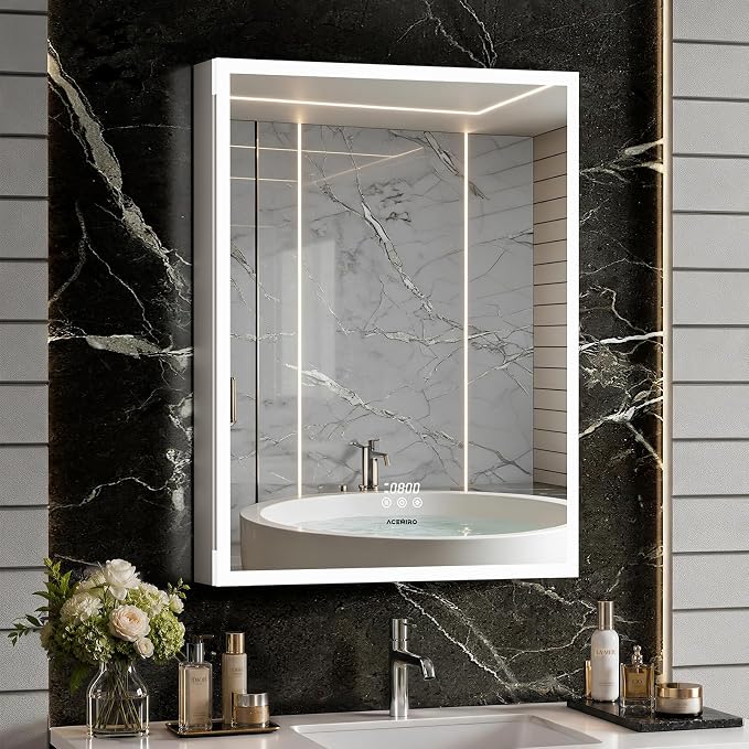 ACEMIRO 24"×32" Medicine Cabinet with Mirror and Lights, Surface or Recessed LED Bathroom Mirror Cabinet with Outlet & USB Ports, Defogger, Dimmer, Memory Function, Clock & Temp, Door Right Open