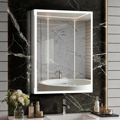 ACEMIRO 24"×32" Medicine Cabinet with Mirror and Lights, Surface or Recessed LED Bathroom Mirror Cabinet with Outlet & USB Ports, Defogger, Dimmer, Memory Function, Clock & Temp, Door Right Open