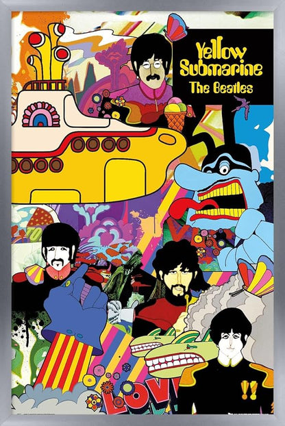 Trends International 24X36 The Beatles - Submarine Collage Wall Poster, 24" x 36", Silver Framed Version