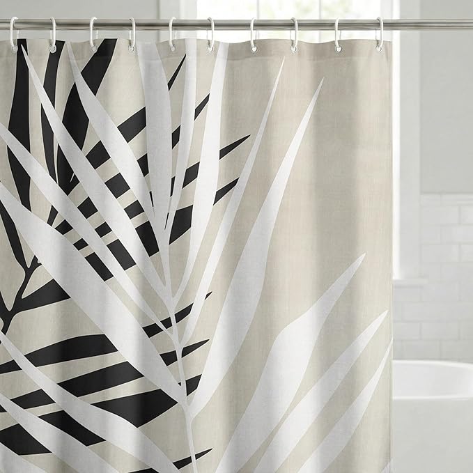 Americanflat 71x74 Botanical Shower Curtain - Water-Resistant Long Shower Curtain with Durable Metal Grommets and 12 Hooks - 100% Polyester - Black, White, and Beige