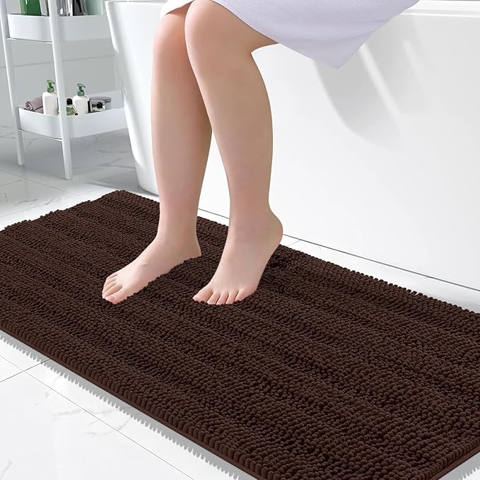 OLANLY Thick Large Bathroom Rugs 50x30, Soft Chenille Bath Rugs, Brown | Absorbent Striped, Rubber Backing, Machine Wash Dry, Bath Mats for Bathroom Floor, Tub and Shower, Home Decor Accessories