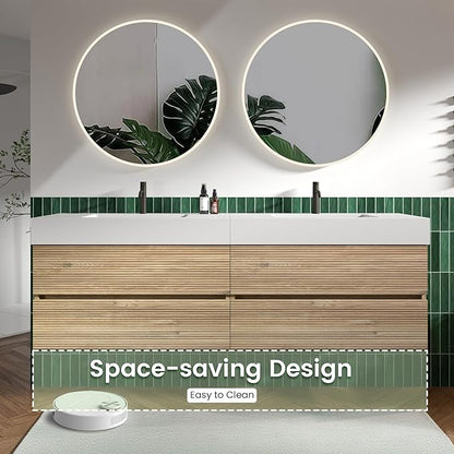 72" Floating Bathroom Vanity with Sink Combo, Modern Floating Double Sink Bathroom Vanity with Engineered Stone Tops & 4 Soft-Closing Drawers, Large Storage for Powder Room, Apartment, Rough Oak