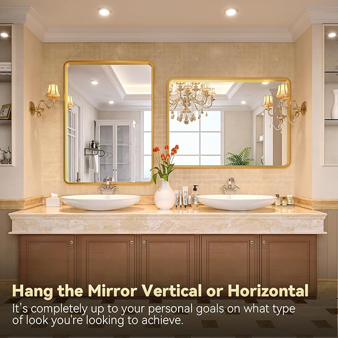 Brightify Gold Bathroom Mirror for Wall, 22x30 Inch Rectangular Gold Metal Framed Mirror, Modern Wall Mounted Vanity Mirror for Bathroom, Vertical or Horizontal