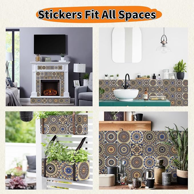 24 PCS Bohemian Floral PVC Peel and Stick Tile Stickers | for Kitchen Bathroom RV, Waterproof Self-Adhesive Removable Backsplash Decals, Easy DIY Upgrade, Smooth Surfaces, 3.94x3.94in
